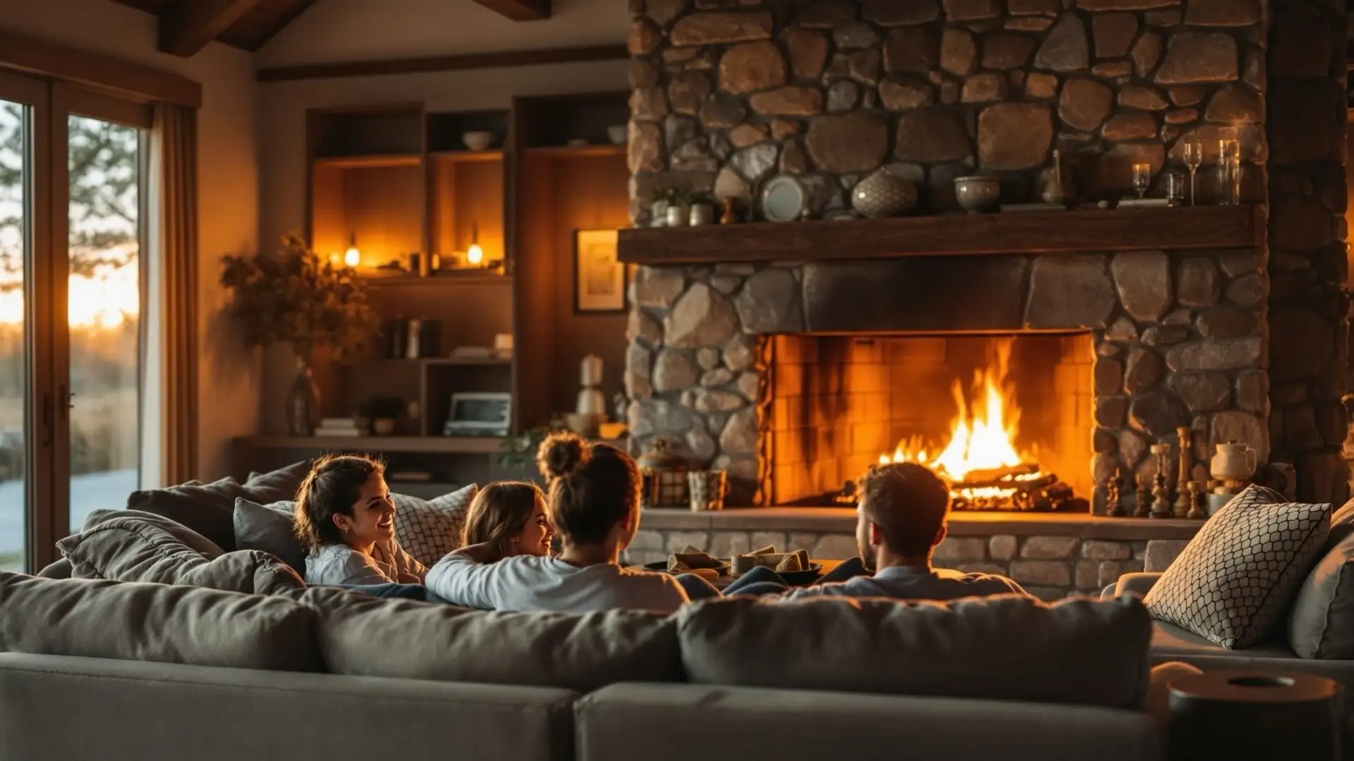 Family relaxing by a stone fireplace in their living room