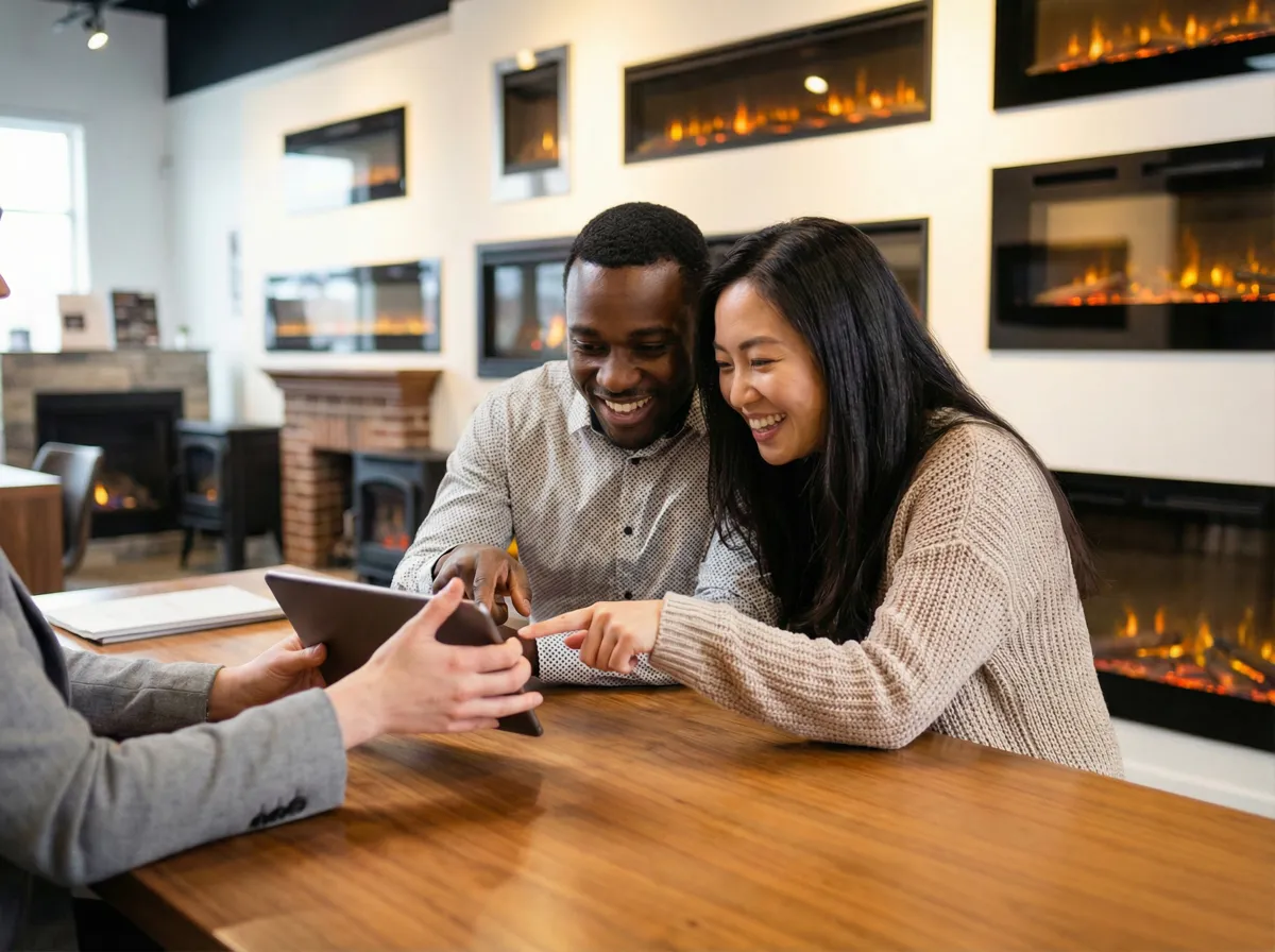 Couple browsing fireplaces in the Home Safe showroom